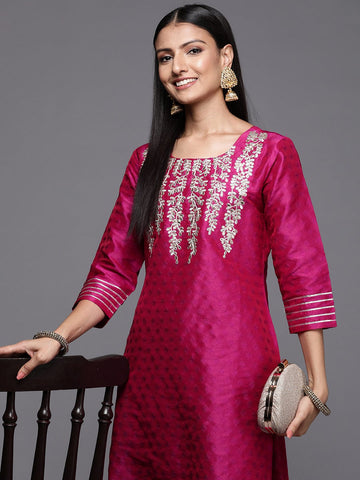 Varanga Pink Embroidered Straight Kurta With Three-Quarter Sleeves Paired With Tonal Bottom And Dupatta